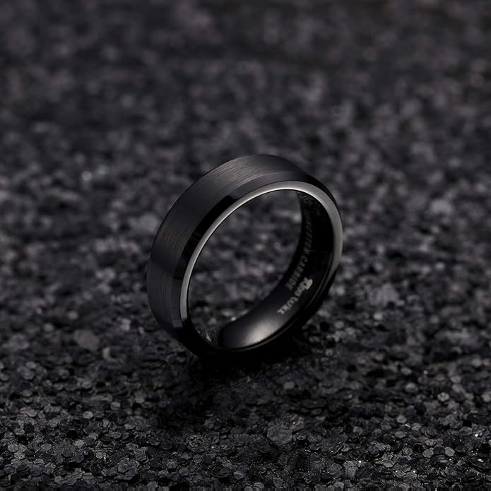 King Will Tungsten Men's Wedding Ring - Available in 6mm to 10mm, Black/Silver, Matte Finish, Beveled Polished Edge, Comfort Fit