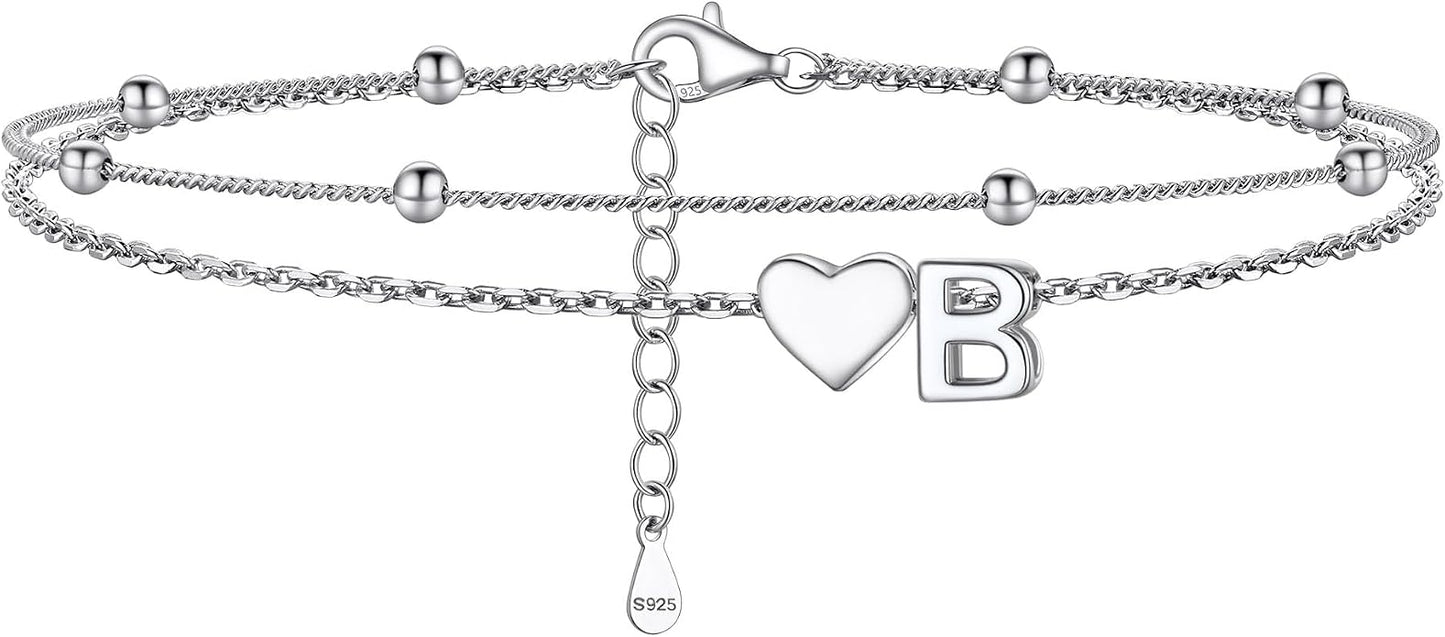 PROSILVER Ankle Bracelets for Women S925 Sterling Silver Anklets for Women Waterproof, Dainty Layered Heart Anklet, Beach Initial Anklet for Summer, Letter A-Z