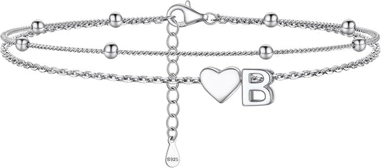 PROSILVER Ankle Bracelets for Women S925 Sterling Silver Anklets for Women Waterproof, Dainty Layered Heart Anklet, Beach Initial Anklet for Summer, Letter A-Z