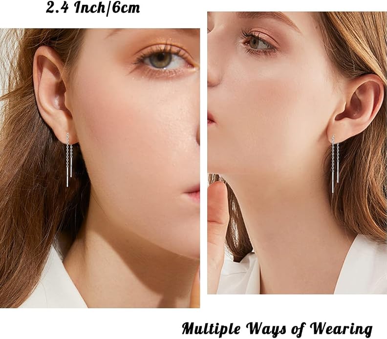 2 Pairs S925 Sterling Silver Chain Threader Earrings For Women Bar Wrap Threader Dangle Drop Earrings Lightweight Minimalist Hypoallergenic Earrings Anniversary Jewelry