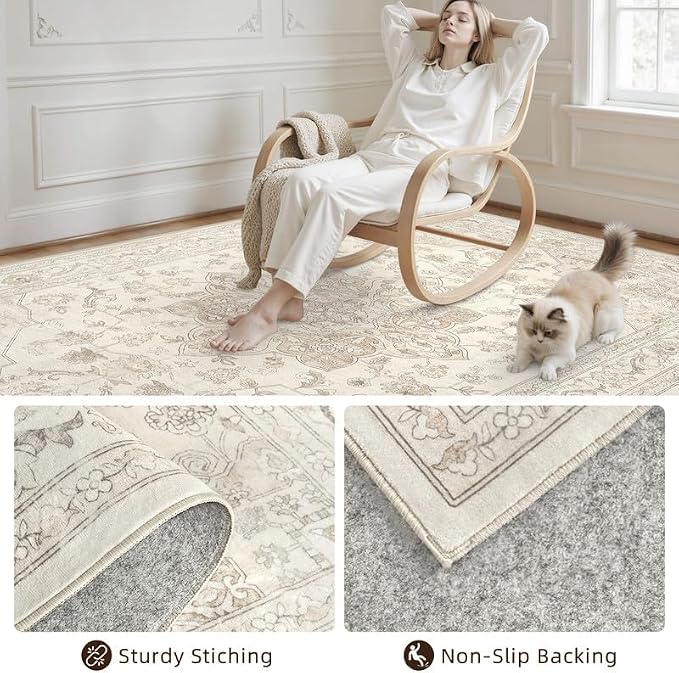 3x5 Area Rugs for Living Room: Vintage Boho Neutral Washable Rug Indoor Soft Large Area Rug Carpet for Bedroom Nursery Farmhouse Dining Room Office Floor Non-Slip Low Pile Under Table Rug Beige White