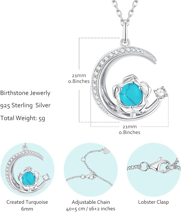 Birthstone Necklace for Women Sterling Silver Moon Pendant Necklaces Anniversary Birthday Fine Jewelry Gifts for Her Women Mother, Adjustable Chain