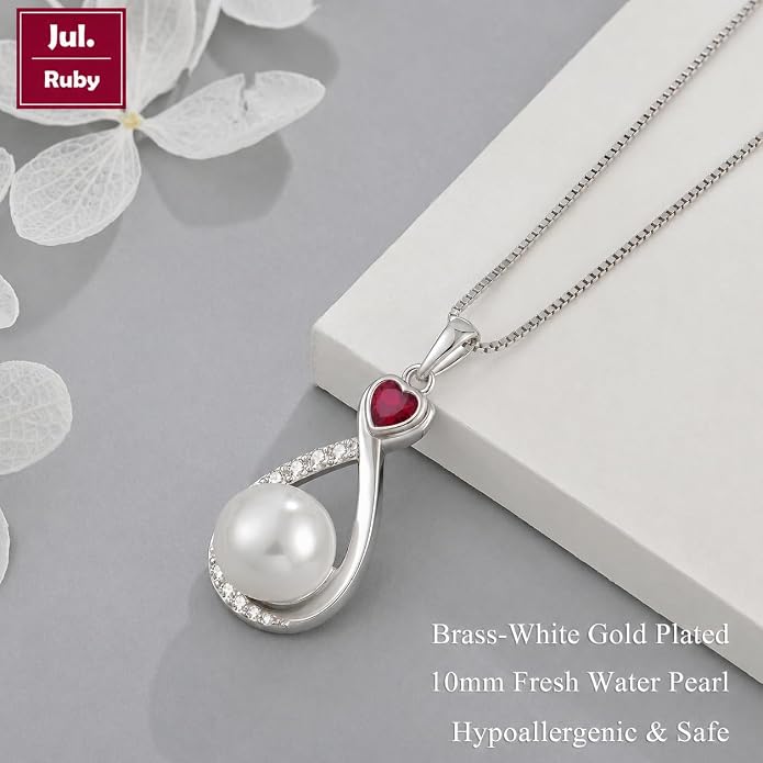 Heart Birthstone Pearl Pendant Necklace, 925 Sterling Silver Infinity Necklace with 10mm Freshwater Cultured Pearl & 4mm Gemstone Jewelry for Women