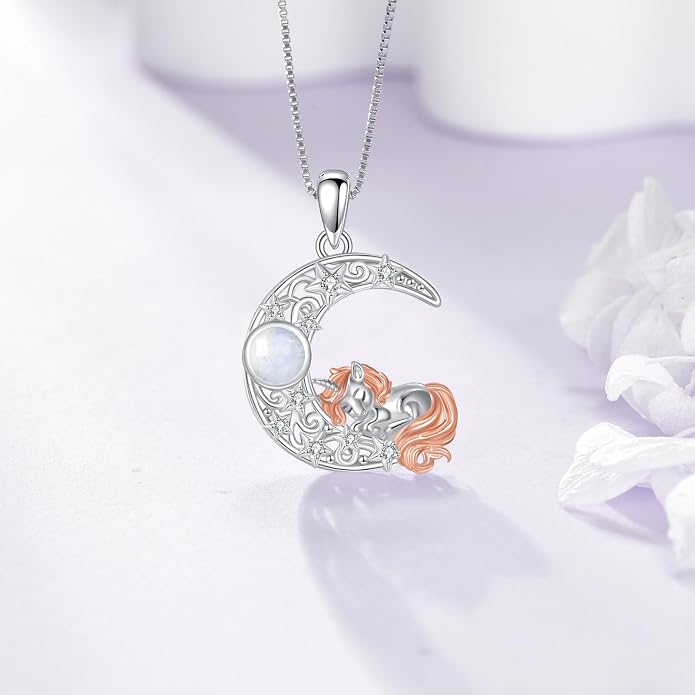 Crescent Moon Necklace with Unicorn, 925 Sterling Silver Natural Moonstone Pendant, Celestial Fantasy Jewelry Gift for Women