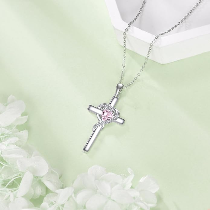 Cross Necklace for Women 925 Sterling Silver Infinity Love Heart Birthstone Pendant Necklace Cross Birthday Jewelry Gifts for Her