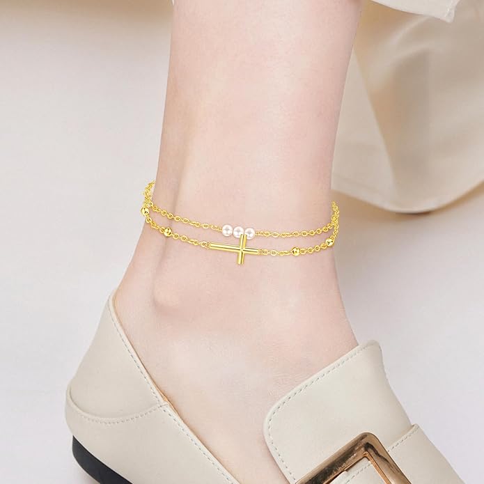 Palpitate Cross Anklet for Women Pearl Cross Ankle Bracelets 14K Gold Plated Adjustable Layered Foot Bead Chain for Women Beach Jewelry Christmas Gifts