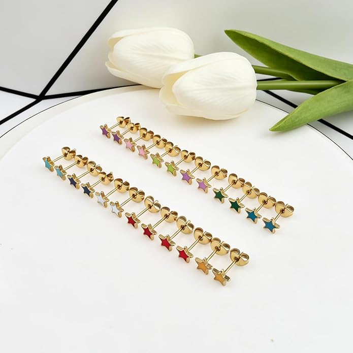 JMLOON 12 Pairs Enamel Flat Back Stud Earrings Surgical Stainless Steel Round Heart Star Square Hexagon Screw Back Stud Earrings