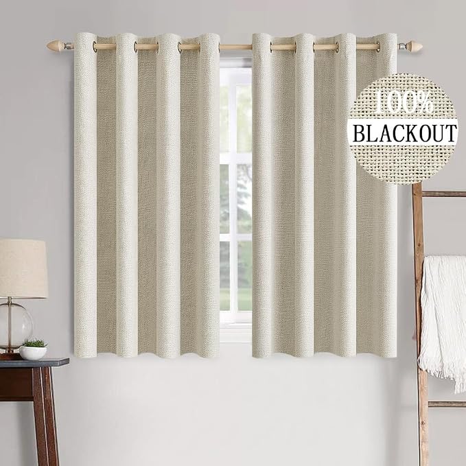 MIULEE 100% Blackout Linen Textured Curtains for Bedroom Solid Thermal Insulated Cream Grommet Room Darkening Curtains & Drapes Luxury Decor for Living Room 52 x 63 Inch (2 Panels)
