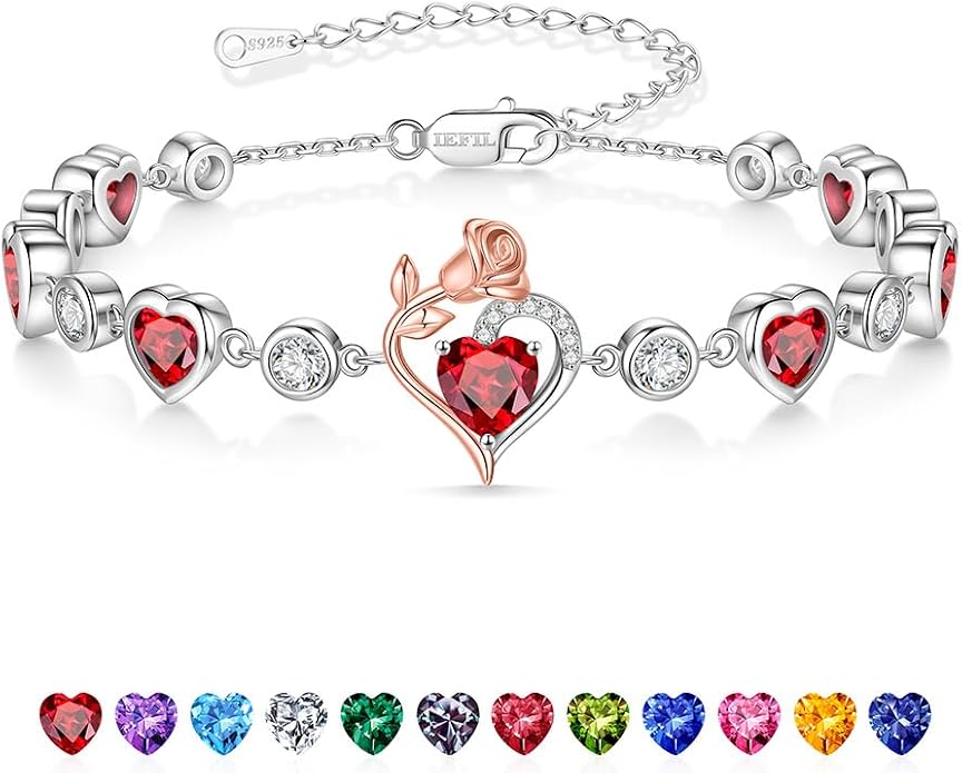 Iefil Birthstone Bracelets for Women - 925 Sterling Silver Rose Heart Charm Bracelets, Anniversary Birthday Gifts for Women Wife Mom Girlfriend Daughter, 6"+2"