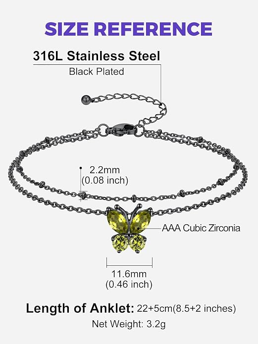 Richsteel Double Layer Heart/Butterfly Birthstone Anklet for Women Non Tarnish Waterproof, Silver/Gold/Black Stainless Steel 8.5-10.5 Inch Adjustable Chain Anklets Jewelry Gifts for Her