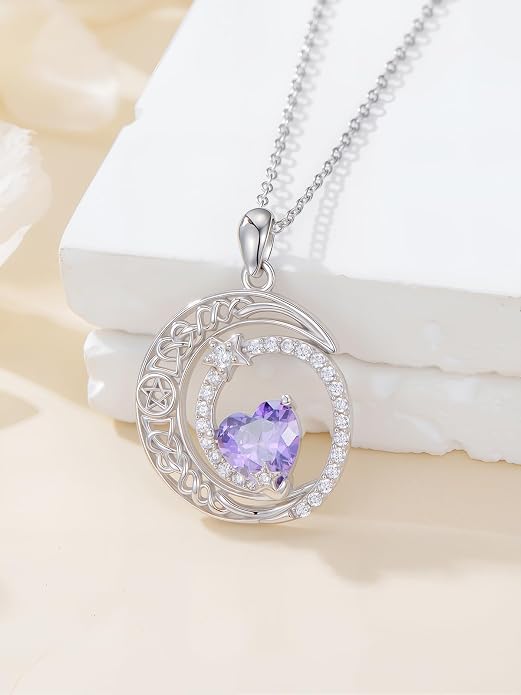 Dorunmo Heart Birthstone Necklace for Women 925 Sterling Silver Moon and Star Pendant Birthday Jewelry Gifts for Wife Her Daughter Mom
