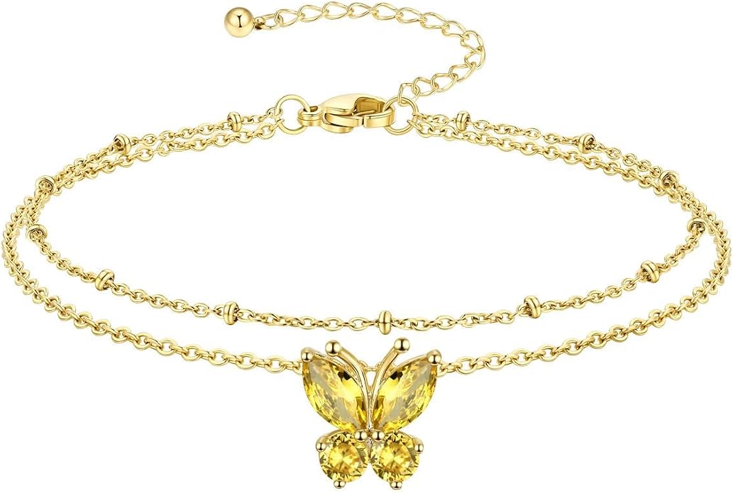 Richsteel Double Layer Heart/Butterfly Birthstone Anklet for Women Non Tarnish Waterproof, Silver/Gold/Black Stainless Steel 8.5-10.5 Inch Adjustable Chain Anklets Jewelry Gifts for Her