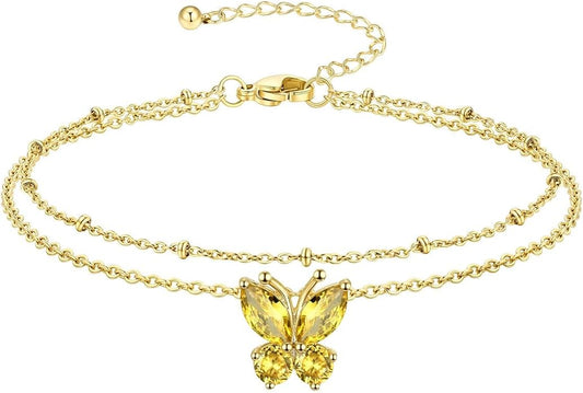 Richsteel Double Layer Heart/Butterfly Birthstone Anklet for Women Non Tarnish Waterproof, Silver/Gold/Black Stainless Steel 8.5-10.5 Inch Adjustable Chain Anklets Jewelry Gifts for Her