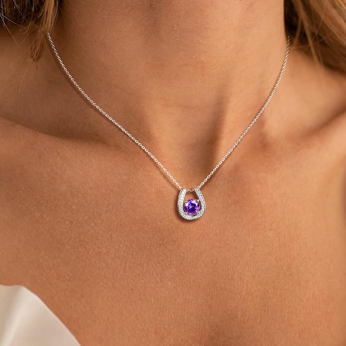 925 Sterling Silver Horseshoe Necklace for Women Round Gemstone Birthstone Necklace Sapphire/Emerald/Ruby/CZ Horse Shoe Pendant Necklaces Jewelry Gift