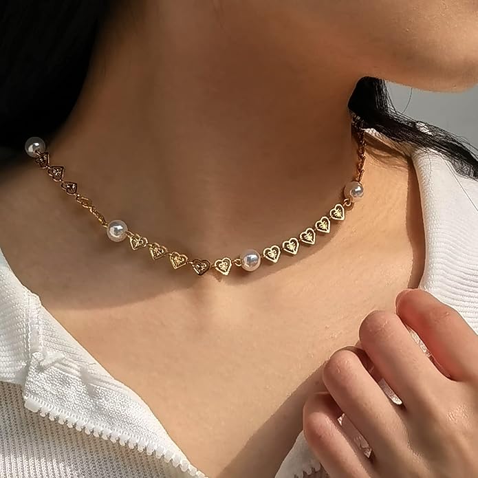 Pearl Necklace Love Heart Choker Link 18k Gold Infinite Elegant Forever Short Satellite Tiny Chain Dainty Cute Statement Valentine's Day Gift Handmade Vintage Jewelry for Women