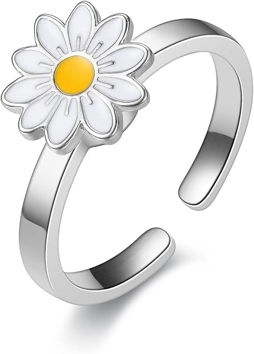Caiyao Fidget Anxiety Relief Ring Daisy Sunflower Flower Evil Eye Zircon Bead Open Adjustable Spinner Stackable Ring for Women Stress Relieveing Jewelry Gift