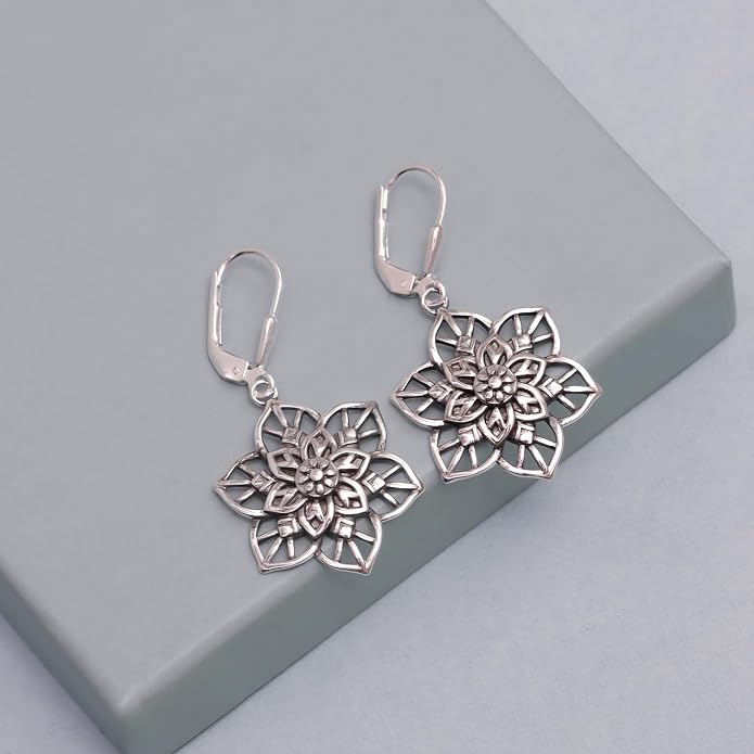 LeCalla 925 Sterling Silver Antique Earrings for Women | Filigree Leverback Dangle Earring | Drop Dangle Earrings for Women | Oxidized Silver Jewelry for Her Mom Wife