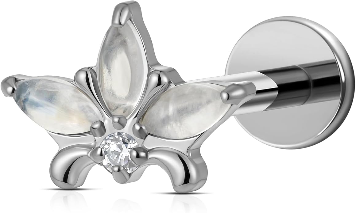 FINE4U ASTM F136 Titanium Piercing Jewelry Stud - 16G 6mm 8mm Triple Marquise Lotus Flower Cartilage Earring, Hypoallergenic Flatback Bridal Jewelry