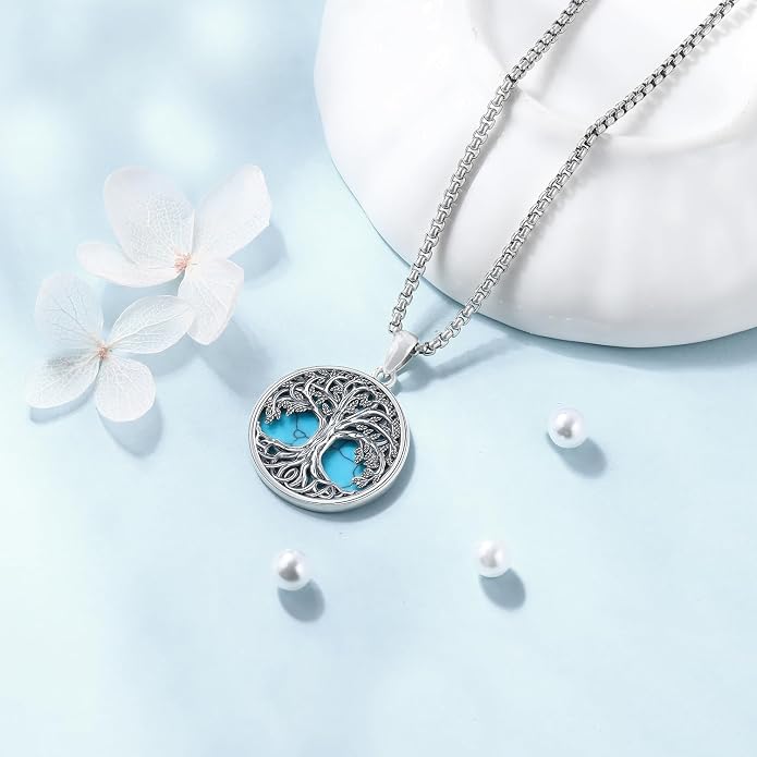 Aniu Tree of Life Necklace for Women, 925 Sterling Silver Mother of Pearl Family Palm Tree Charm Pendant Jewelry for Birthday Christmas Gift