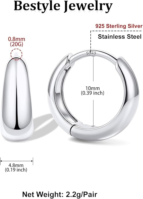 Bestyle Gold Huggies Earrings for Women Hypoallergenic 925 Sterling Silver Post Huggie Hoop Earrings Thick Lightweight Small Hoop Earrings 8/10/12/14mm