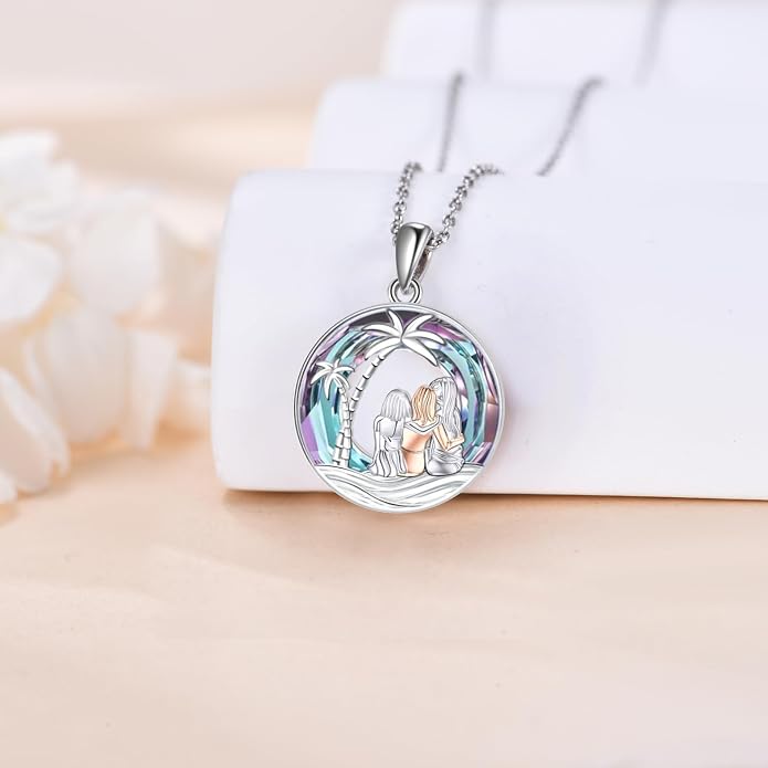 Sisters Necklace Sterling Silver Always My Sister Forever My Friend Jewelry Tree of Life Palm Trees Necklace for Women Female Friendship Jewelry