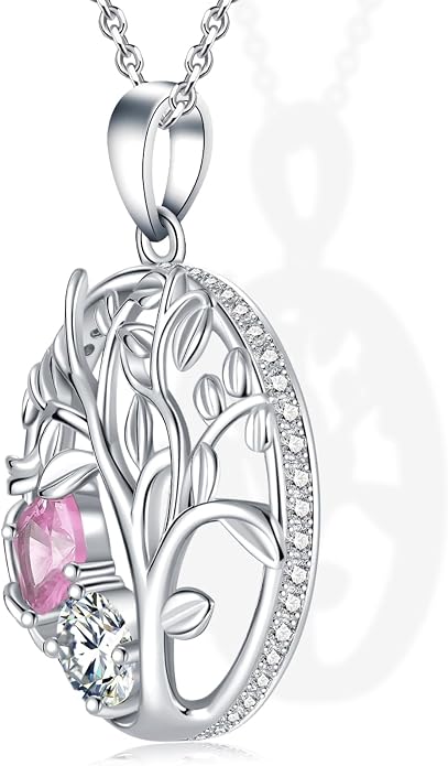 Tree of Life Birthstone Necklace for Women 925 Sterling Silver Birthstone Pendant 12 Months Necklaces with Zircon Birthday Gifts for Women, Mom, Grandma Cable Chain 18"+2"