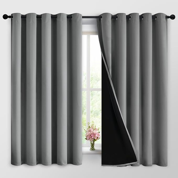 Yakamok Grey Blackout Curtains 63 Inches Long for Bedroom 62" Wide 2 Pcs | Blackout Curtain Panels for Bedroom, 2 Thick Layers Grommet Top Thermal Insulated Drapes with Black Liner for Living Room