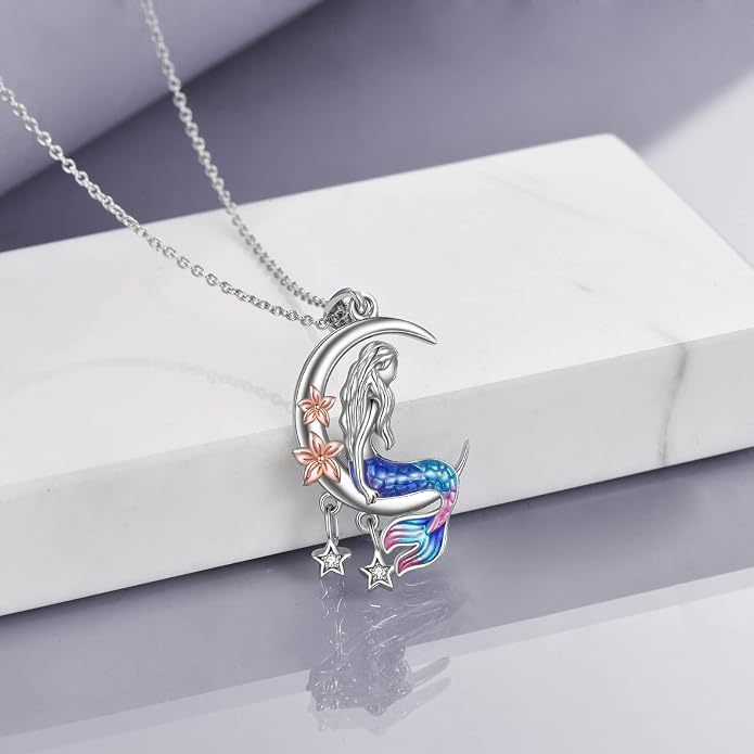 LUHE Mermaid Necklace Jewelry Gifts Sterling Silver Sea Mermaid Crescent Moon and Star Necklace with Flower Pendant Birthday Gifts for Daughter Women