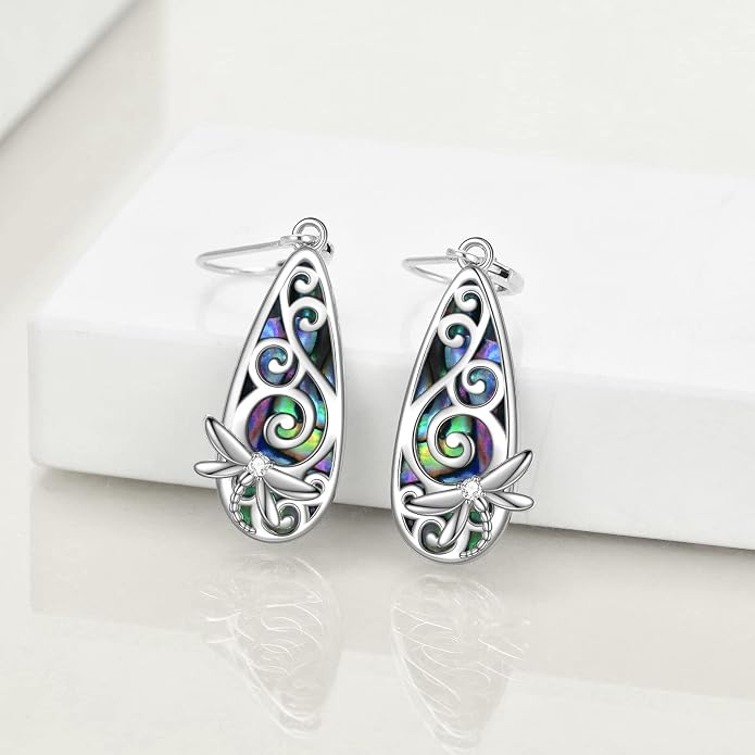 CRMAD Hummingbird/Bee/Leaves/Sunflower/Daisy/Dragonfly/Rose/Lotus Flower Sterling Silver Filigree Teardrop Earrings Abalone Shell Jewelry for Women
