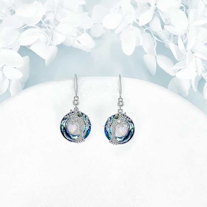 POPLYKE Tree of Life Birthstone Earrings 925 Sterling Silver Dainty Gemstone Birthstone Dangle Drop Earring with Crystal Fine Jewelry Birthday Gifts for Women Her