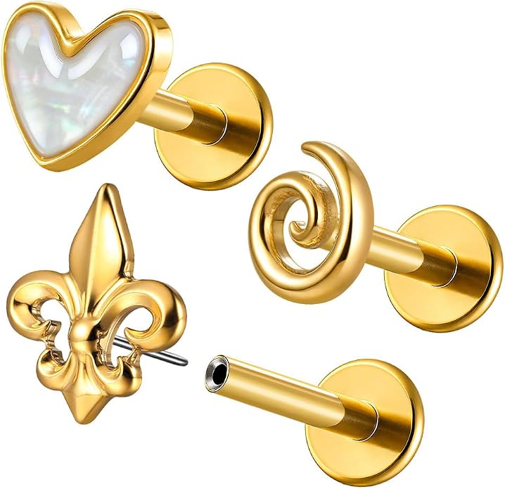 Casvort 3 PCS ASTM F136 Titanium 16G/18G Moth Bird Snail Flower Heart Spiral Threadless Flatback Piercing Stud for Nose, Labret, Tragus, Helix, Conch with 6mm 7mm and 8mm Post- Cartilage Earring Body Piercing Jewelry