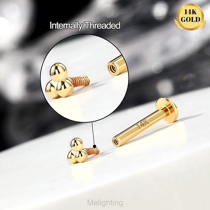 Melighting 14K Solid Gold Cartilage Earring - Internally Threaded 16G Flat Back Stud Earring - Gold Helix Piercing Jewelry - 8mm