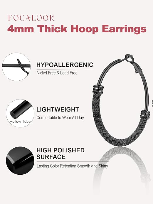 FOCALOOK 14K Gold Plated Hoop Earrings, Lightweight Hypoallergenic Large Stainless Steel Black Hoops Earrings for Women 20/30/40/50/60/70/80mm