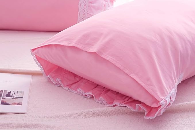 2-Pack Pink Pillow Shams Cases Covers with Ruffles and Lace Cotton King Size 20"X36"Soft Boudoir Luxurious