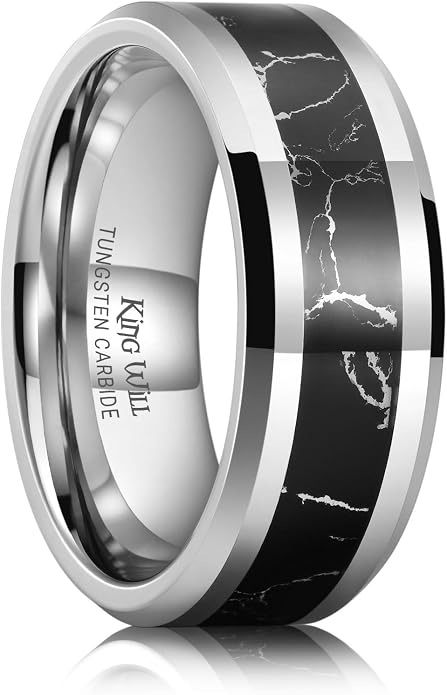 King Will Black Tungsten Wedding Band For Men, 8mm Promise Ring Inlay Red Twill Pattern/Colorful Wood Chips, High Polished Beveled Edge - Suitable For Daily Wear, Comfort Fit Size 7-14