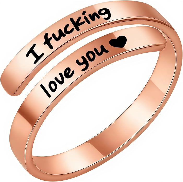 I Fcking Love You Ring, Stainless Steel Engraved Inspirational Words Heart Open Adults Women Vintage Promise Rings Lover Wife Jewelry