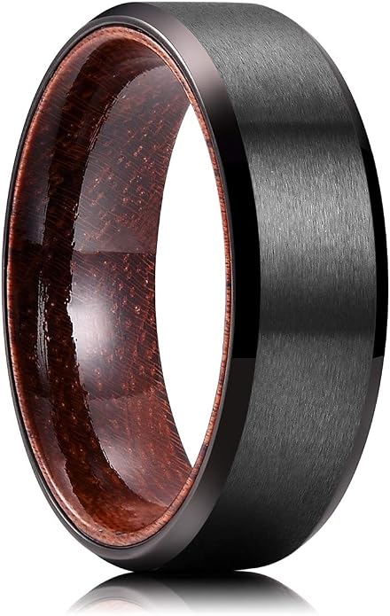 King Will 6/8mm Wedding Band for Men, Silver/Black Hammered Titanium Wedding Ring Inlaid Wood Inner Hole, Wedding Band for Men Matte Brushed Comfort Fit 7-14