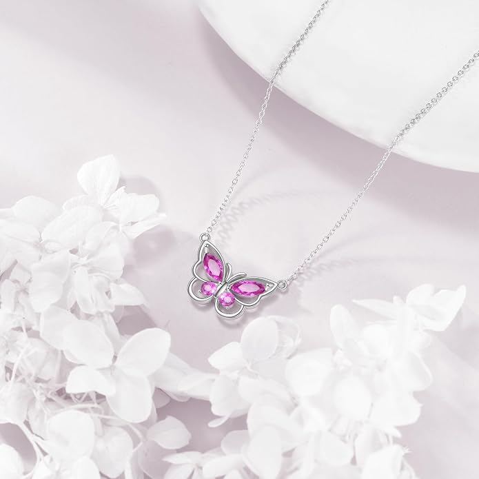 Butterfly Necklace for Women 925 Sterling Silver Crystal Butterfly Pendant Birthstone Amethyst Jewelry Gift