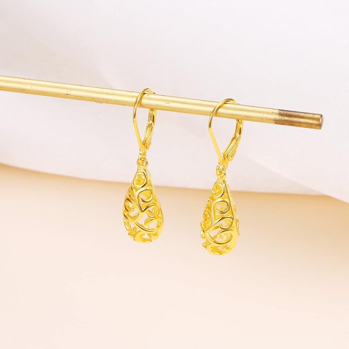 Sterling Silver Leverback Dangle Earrings for Women Teardrop Filigree 14K Gold Plated Dangly Earrings Mother’s Day Gift