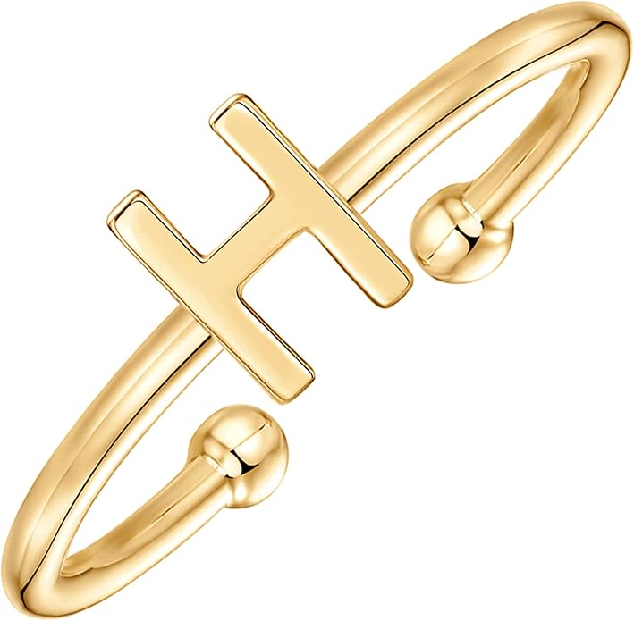 PAVOI 14K Gold Plated Initial Letter Adjustable Ring for Women - Thin Initial Band - Dainty Fashion Jewelry Gifts