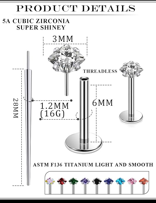 20G 18G 16G Astm F136 Titanium Threadless Flat Back Earrings Nose Studs Tragus Helix Conch Cartilage Lobe Earrings Medusa Labret Snake Bite Monroe Lip Ring Piercing Jewelry For Women Men