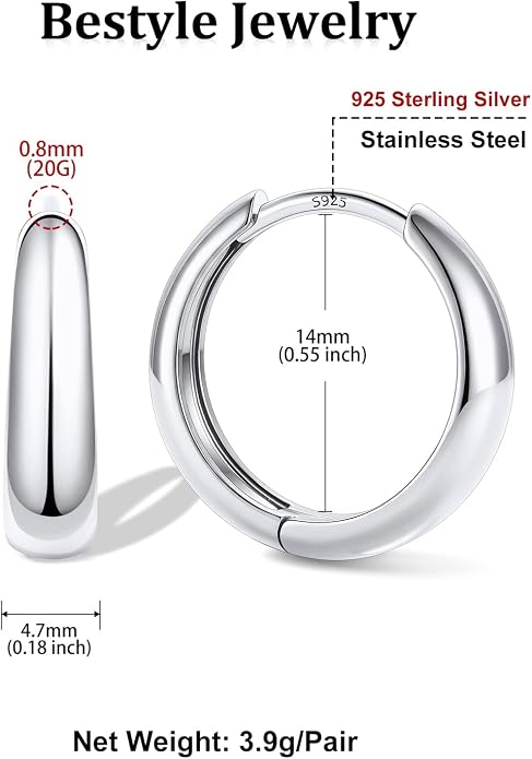 Bestyle Gold Huggies Earrings for Women Hypoallergenic 925 Sterling Silver Post Huggie Hoop Earrings Thick Lightweight Small Hoop Earrings 8/10/12/14mm