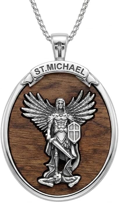 ONEFINITY Wooden Necklace Viking Wolf/St Benedict Medals/St Michael/Crucifix/St Christopher Pendant Necklace for Men Archangel Amulet Wooden Religious Jewelry Gifts for Men Women