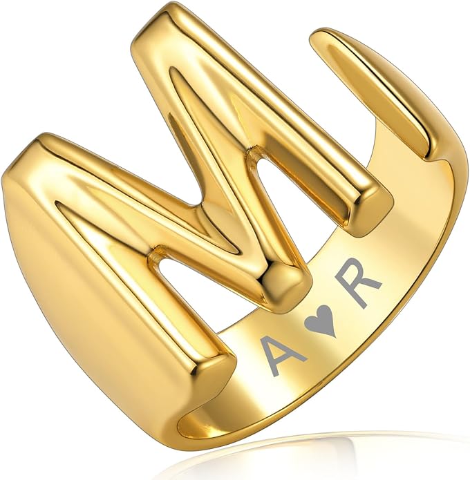 KeyStyle Bold Initial Letter Rings Adjustable, GoldChic Jewelry Women Gold Statement Ring Personalized Engraved Women’s Open Signet Ring for Party (Gold, White Gold, Black)