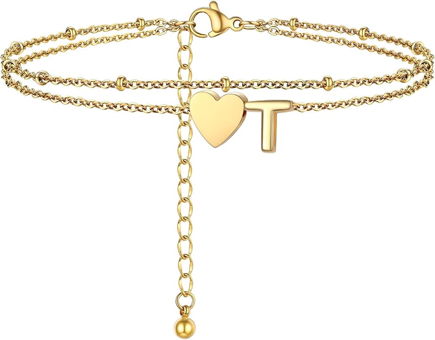 Initial Ankle Bracelets for Women, Dainty Stainless Steel Letter A-Z Layered Anklets, Heart Ankle Bracelet 8.5"-10.5" Adjustable, Summer Beach Jewelry, Come with Box