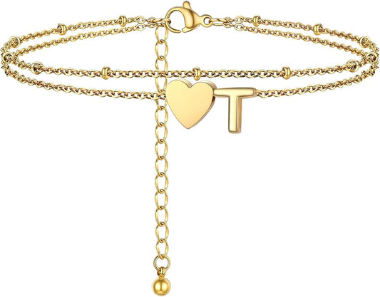 Initial Ankle Bracelets for Women, Dainty Stainless Steel Letter A-Z Layered Anklets, Heart Ankle Bracelet 8.5"-10.5" Adjustable, Summer Beach Jewelry, Come with Box