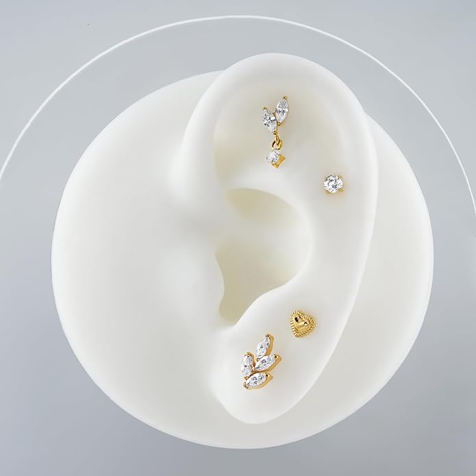 FINE4U 1PC Leaf Flat Back Stud Flat, Helix, Conch, Tragus 6mm 8mm - ASTM F136 Titanium Screw on Body Piercing Jewelry