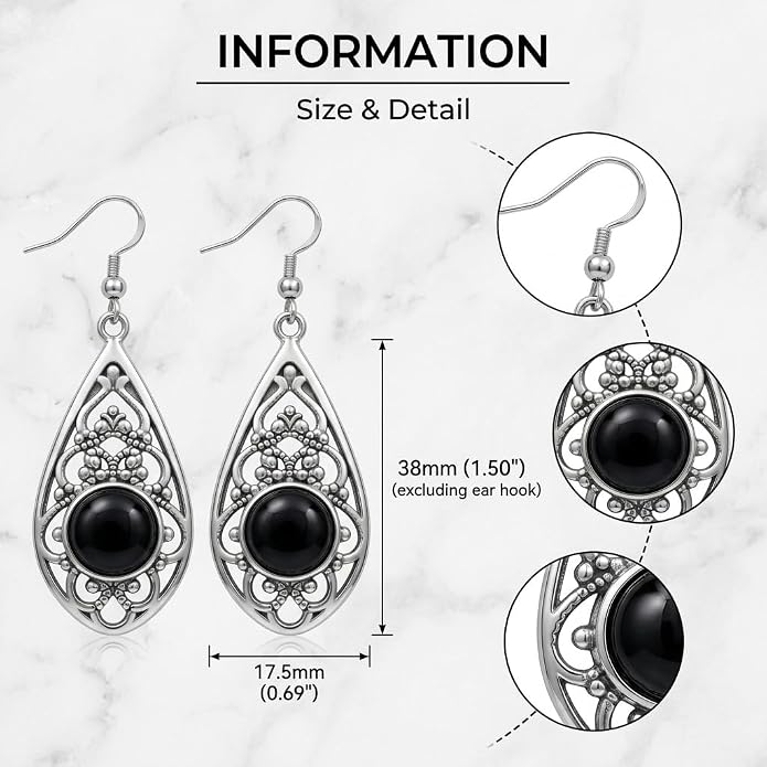 Gothic Vintage Dangle Earrings for Women 18K White Gold Plated Black Agate Teardrop Drop Earrings, Retro Jewelry for Wedding, Party, and Halloween Gifts