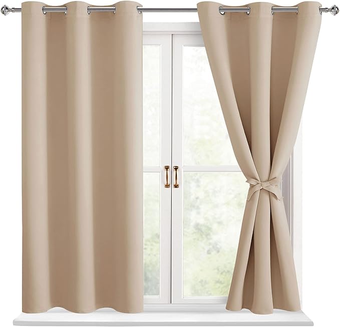 Hiasan Blackout Curtains for Bedroom - Thermal Insulated & Energy Saving Window Curtains for Living Room, 2 Drape Panels Sewn with Tiebacks, Beige, 42 x 54 Inch