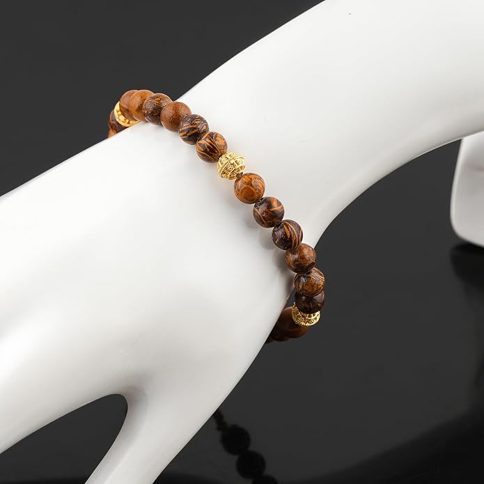AAA Grade Natural Gemstone Beaded Bracelet, 14K Gold Plated with Evil Charm, Wicca & Reiki Healing Crystals, Handmade Bohemian Jewelry, Christmas Gift for Women (7+1inch)